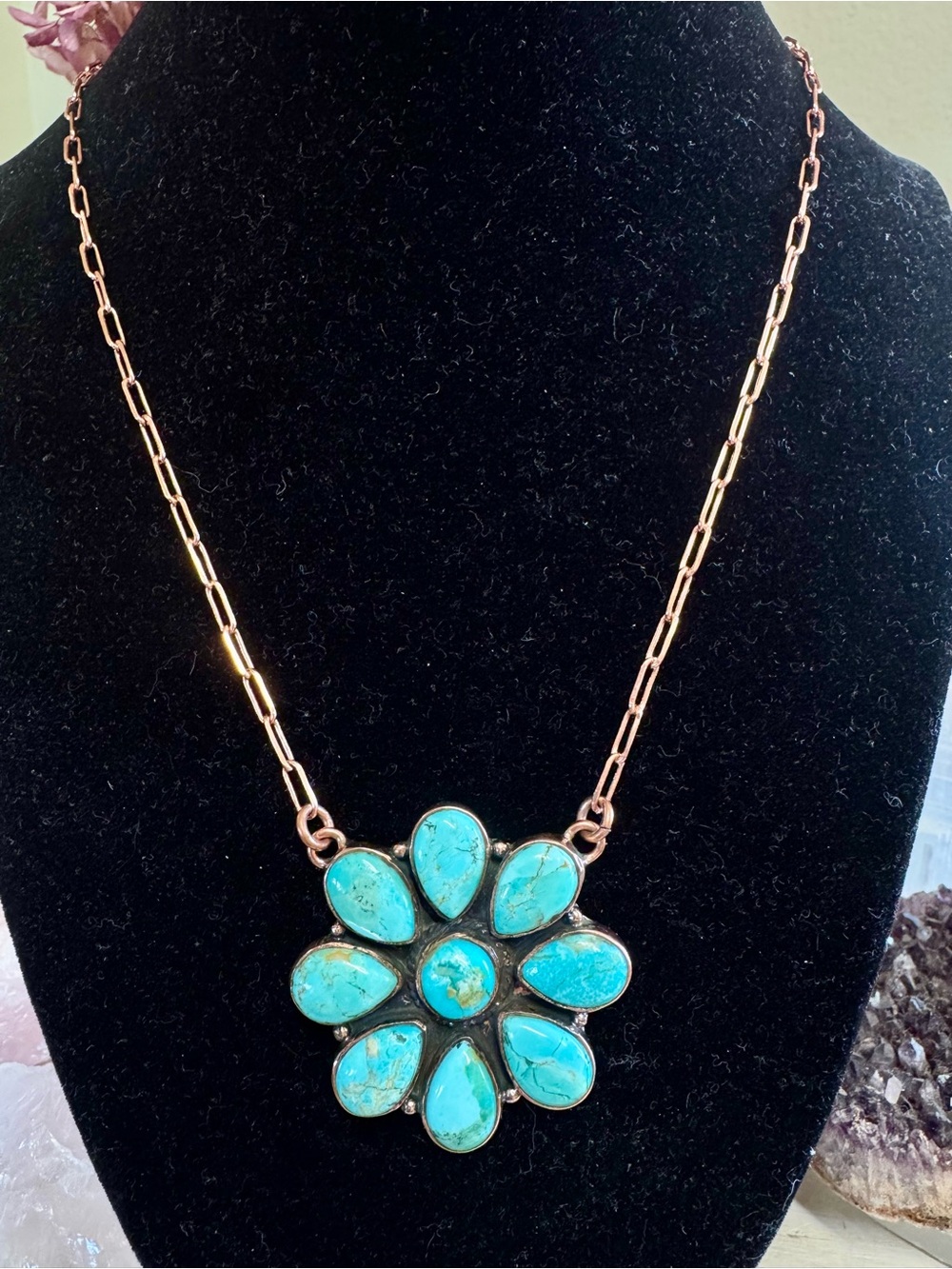 20” COPPER Kingman Mojave Turquoise Flower Cluster Pendant Paper Clip Necklace